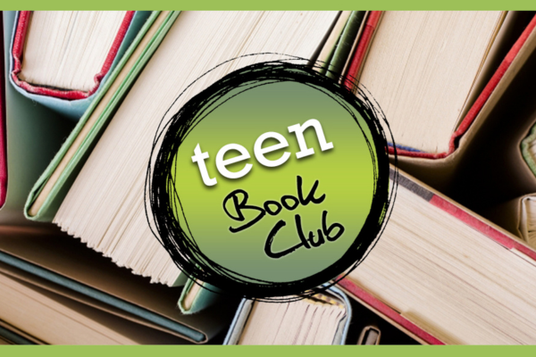 Teen Book Club badge graphic over book background